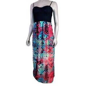Trixxi Womens Black Lace‎ Bodice Multi Color Ikat Print Cutout Back Maxi Dress M